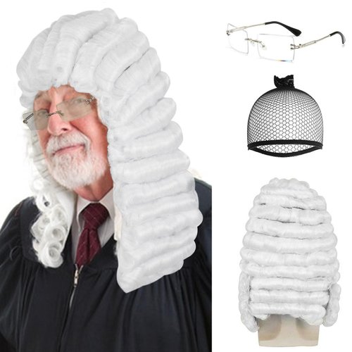 Ebingoo White Judge Wig + Glasses + Wig Cap Judge Colonial Wig Adult Judge Costume Accessories Wh...