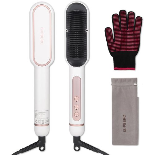 Negative Ionic Hair Straightener Brush with 9 Temp Settings, 30s Fast Heating, Hair Straightening Comb with LED Display, Anti-Scald & Auto-Shut Off Hair Straightening Iron (White)