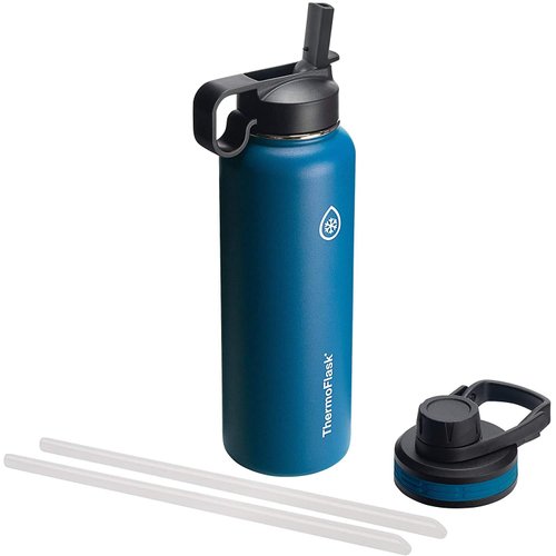 ThermoFlask 40 oz Double Wall Vacuum Insulated Stainless Steel Water Bottle with Spout and Straw Lids, Cobalt