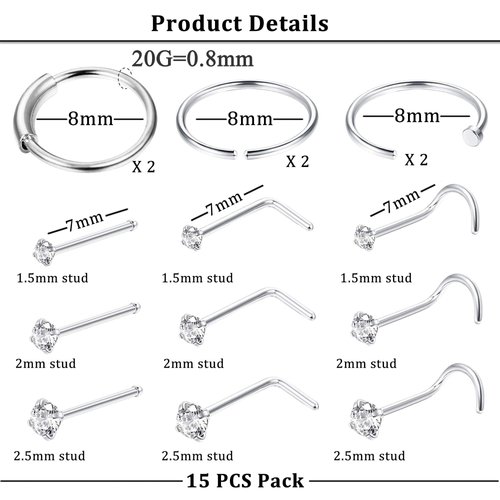 FINREZIO 15PCS 20G Surgical Steel Nose Rings Hoop Studs Cartilage Earrings Body Piercing Jewelry Silver 1.5mm 2mm 2.5mm CZ