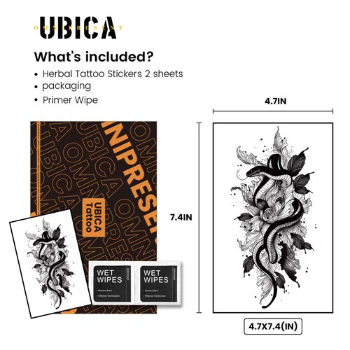 UBICA Temporary Tattoos Adult, 2 Sheets Fake Tattoos, Realistic And Long-Lasting Non-Reflective, Waterproof For 1-2 Weeks, Symphony Of Snakes And Flowers Tattoo Sticker 4.7x7.5in