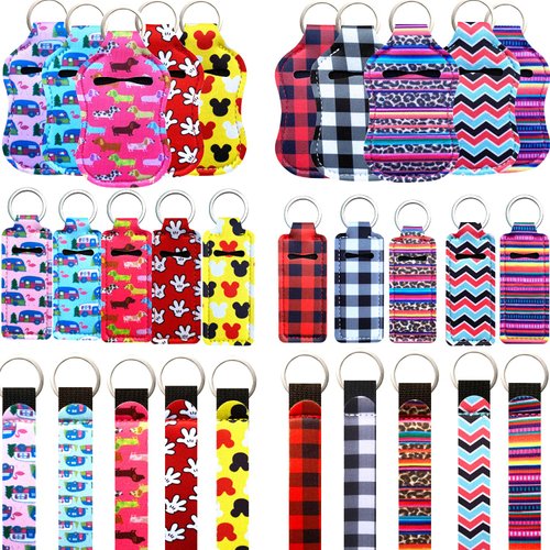 PUEZOKLY 40pcs Travel Bottles Key chain Set with Wristlet Chapstick Holders keychain Hand Sanitizer Holder Keychain with Empty Bottles