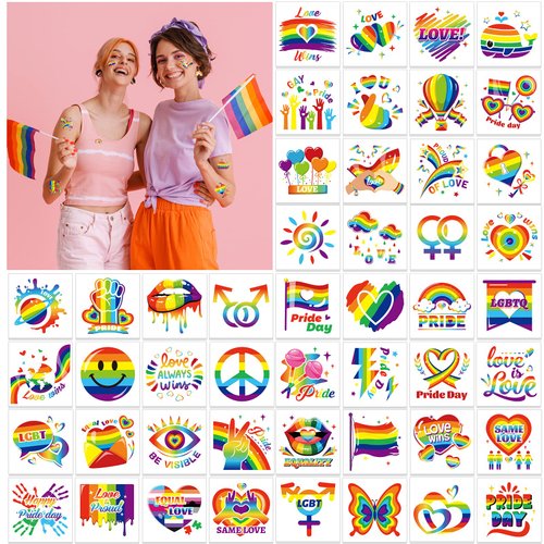 HOWAF 96pcs Gay Pride Temporary Tattoos, Pride Day Party Decorations Face Tattoos, LGBT Fake Tattoos Stickers for Rainbow Party Pride Month Parades and Celebrations Decorations, Love is Love Temporary Tattoos for Adults