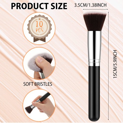 Tanlade 10 Pcs Flat Top Foundation Brush Wedding Gifts Kabuki Cosmetics Synthetic Dense Makeup Artist Brush for Liquid, Cream, Flawless Face Blush Brush for Wedding Artist Face Makeup Tools(Black)