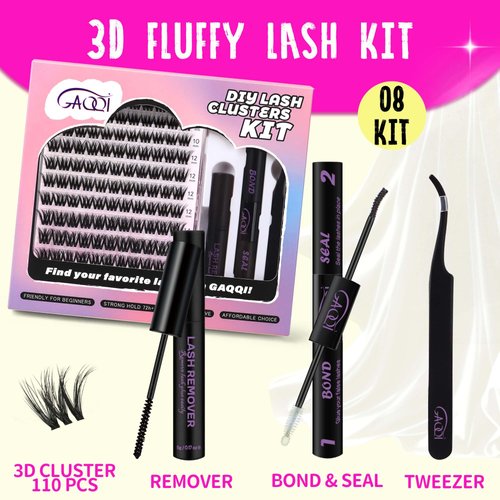 GAQQI Lash Clusters Kit, DIY Lash Extensions Kit 10-14mm Fluffy Cluster Lashes, Wispy Eyelash Clusters with Lash Bond and Seal+Lash Tweezer+Remover+110pcs Thin Band Individual Lashes (3D-GQ08-KIT)