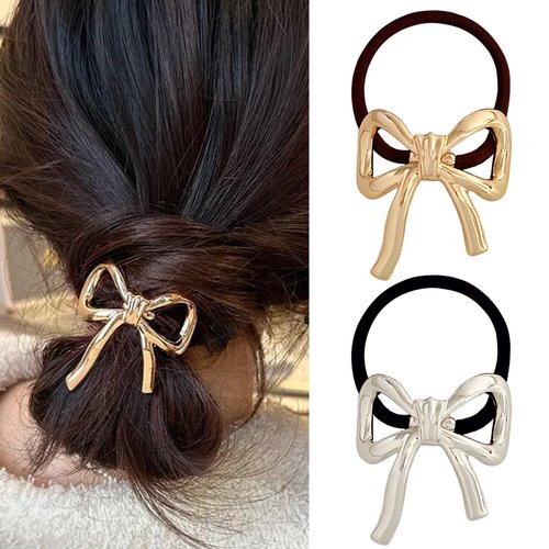 Metal Hair Ties for Women Bowknot Hair Cuffs for Girls Gold Hair Scrunchies for Long Thick Thin Gold Bow Hair Ties Metal Ponytail Holder Gold Silver Elastic Rubber Hair Accessories for Styling 2Pcs