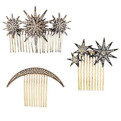 3 Pack Vintage Hair Side Combs Metal for Women Girl, Bridal Moon Star Decorative Clips Gold French Twist Hair Slide Comb with Teeth Grip for Bride Wedding Headpiece Hair Accessories