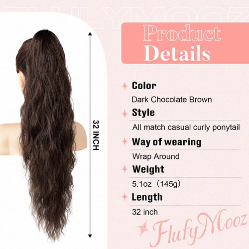 FLUFYMOOZ Ponytail Extension, Flexible Wrap Around Ponytail Extension Long Wavy Curly Ponytail Hair Extensions Natural pony tail Synthetic Hairpiece for Women 32 Inch (Dark Chocolate Brown)
