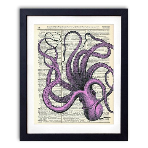 Pink Octopus Illustration, Vintage Dictionary Art Print, Antique Wall Art Home Decor, Modern Boho Poster, Farmhouse Decoration Living Room Bedroom Office 8x10 Inches, Ready To Frame