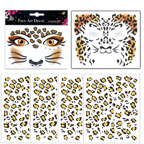 Leopard Face Temporary Tattoos Stickers, Gold Cheetah Cat Body Face Stickers Leopard Makeup Accessories for Women Halloween Party Decoration