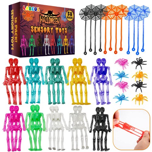 58PCS Halloween Party Favors Stretchy Toys Halloween Treats Skeleton Spider Spiderweb for Kids Bo...
