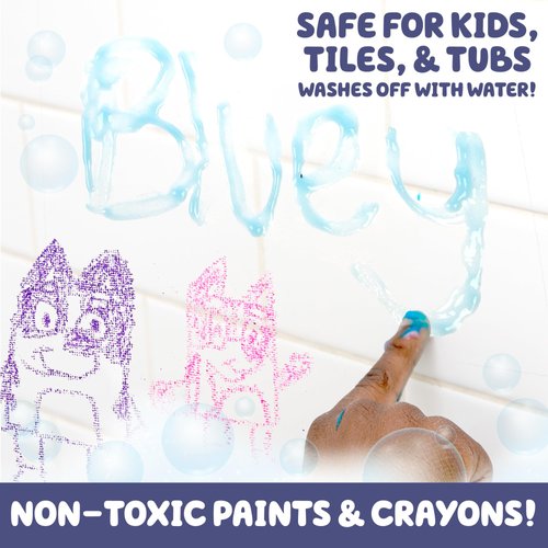 Bluey Bath Creations, 9-Piece Bluey Activity Set, Fun Bluey Bath Toys, Includes Washable Bath Paints, Bath Crayons, Bath Toy Storage, Bath Paint for Toddlers 1-3, Fun Bluey Gifts, Toddler Art Supplies