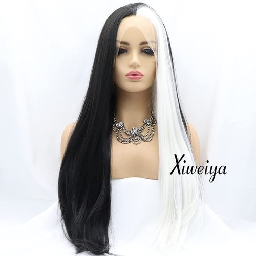 xiweiya long striaght mermaid piano half color synthetic lace front wig white to black two tones heat Resistant replacement wigs for women cosplay
