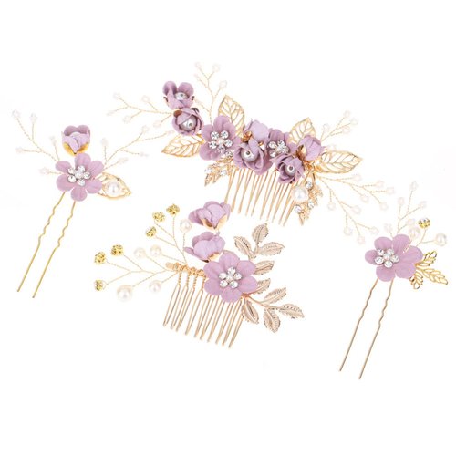 4PCS Wedding Hair Comb Bride Hairpins Accessories for Women and Girls Rhinestone Handmade Hair Piece Floral Pearl Hair pins Suitable for Wedding Party Theme (Purple)