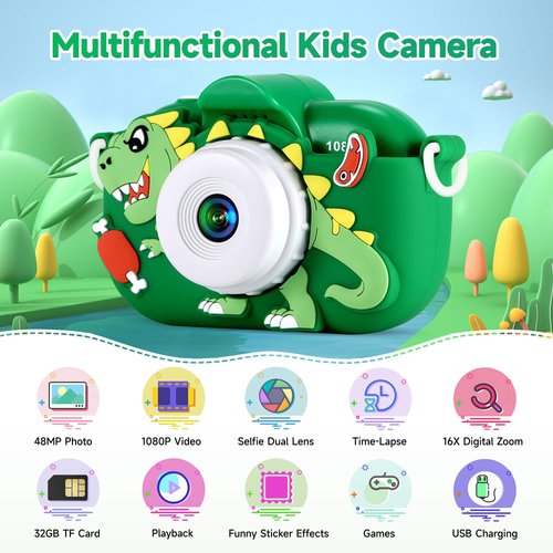 Kids Camera Boys Toys for 3 4 5 6 7 8 9 Years Old Boys, 48MP Dual Lens Kids Digital Camera Toddler Camera Christmas Birthday Gifts, 1080P HD Video Selfie Camera with 32G SD Card