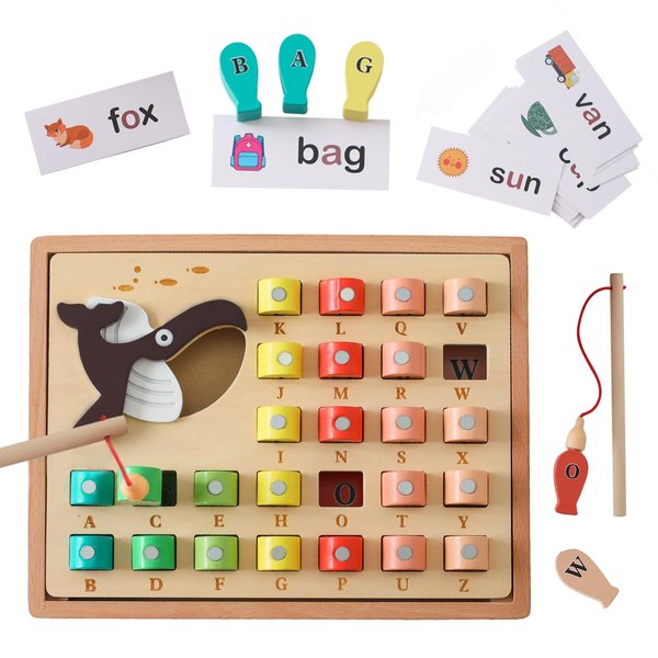 Wooden Magnetic Fishing Game, ABC Alphabet Fish Game with Word Cards, Montessori Sight Word Games Letters Cognition Preschool Toddlers Gift Fishing Toy with 2 Poles