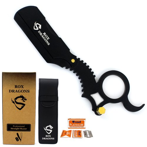 Rox Dragons - Professional Straight Edge Razor, Men's Beard Cut Throat Black Finger Barber Razor With 10 Double Edge Shaving Blades.