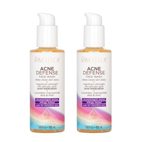 Pacifica Beauty Acne Defense Face Cleanser | 2 Pack | Salicylic Acid, Cucumber, & Aloe Daily Facial Wash | For Oily and Acne Prone Skin | 100% Vegan & Cruelty-Free | Sulfate + Paraben Free