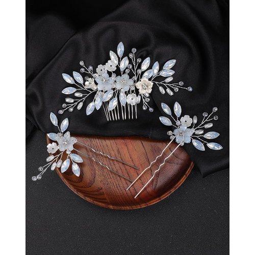 Rumtock Opal Crystal Beads Silver Hair Comb Hair Pins Set for Wedding Brides Women Banquet Dancing Ball Handmade Hair Piece (Silver)