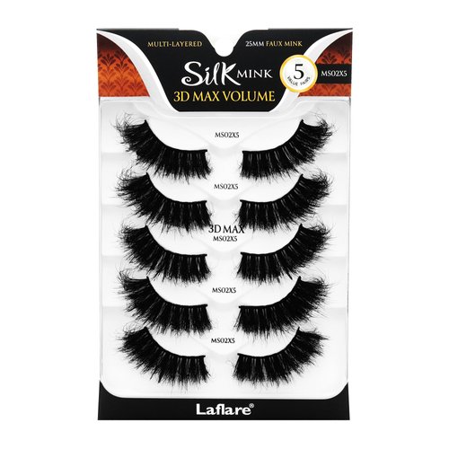 Laflare 25MM Silk Mink Max Volume 3D False Eyelashes, Reusable Fluffy Natural Looking False Lashes, Wispy Lashes 5 Pairs Value Pack (MS02X5P)