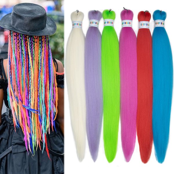 Colorful Braiding Hair Pre Stretched Colored Braiding Hair Prestretched 26inch Hair Extensions for Braiding 6Pcs Rainbow Multi Color Braiding Hair Prestretched