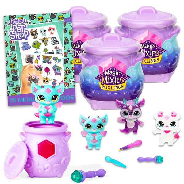 Magic Mixies Mixlings Party Favors Set - Bundle with 3 Magic Mixies Mixlings Cauldrons Figurines for Girls Plus Magic Wand, Tattoos, More | Magical Mini Figures