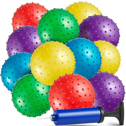 Bedwina Mini Knobby Balls - (Pack of 12) Bulk 5 Inch Sensory Balls and Spiky Massage Stress Balls with Pump, Fun Bouncy Ball Party Favors