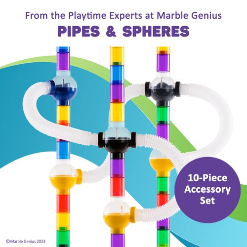 Marble Genius Marble Run Pipes & Spheres Accessory Add-on Set - 10 Pieces Total (4 Pipes, 1 Ramp Sphere, 1 Alternating Sphere, 1 Straight Sphere, & 3 Tube Spheres), with Instruction App Access