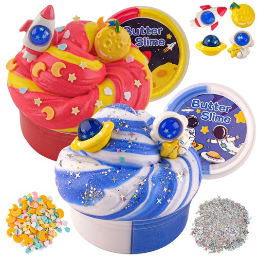LAWOHO 2X120ml Butter Slime Kit Includes Two-Toned Butter Slime with 6 Packs Add-Ins, Galaxy Slime for Kids Party Favors, Galaxy Slime Kit for Girls & Boys Birthday Halloween Christmas Easter Gifts