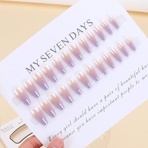 IMSOHOT Medium Press on Nails Coffin Laser Fake Nails Glossy Purple Gradient Glue on Nails Full Cover Chrome Ballerina Acrylic False Nails Glue Stick on Nails for Women 24PCS