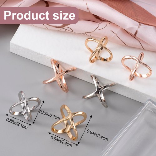 Joez Wonderful Scarf Ring Scarf Clips 6pcs, 2 Sizes Scarf Ring Clip Scarf Slide Buckle for Women, Gold Silver X Shape Silk Scarf Clasp Holder Scarves Pin Shawl Buckles Holder for Clothing Decoration