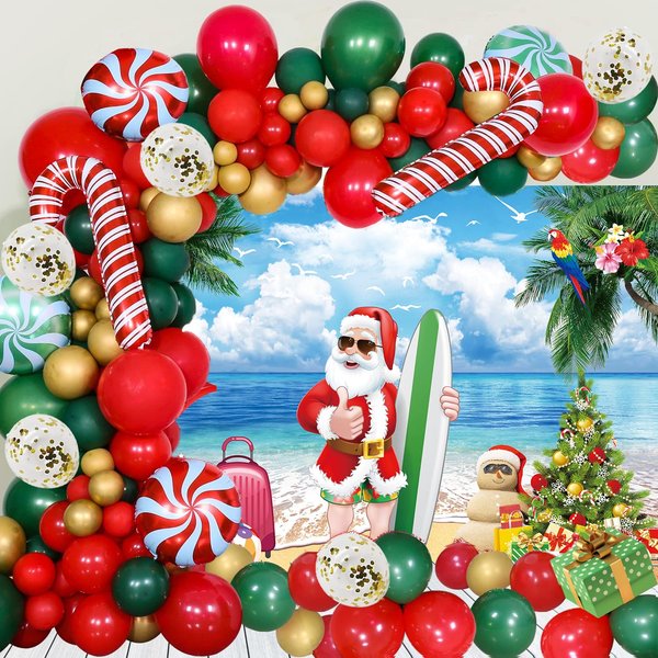 Merry Christmas Party Decorations Kit, Christmas Balloon Arch Garland Kit with Red Green Golden Candy Balloons, Summer Hawaiian Christmas Backdrop Banner,Tropical Beach Xmas Party Decors Supplies