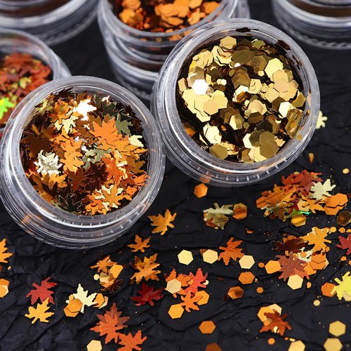 Fall Nail Art Glitter Maple Leaf Nail Sequins Flakes, 2 Colors Manicure fine Glitter Powder, 3D Holographic Orange Red Nail Stickers Decals Supplies Nail Charms for Women Girls 6 Box