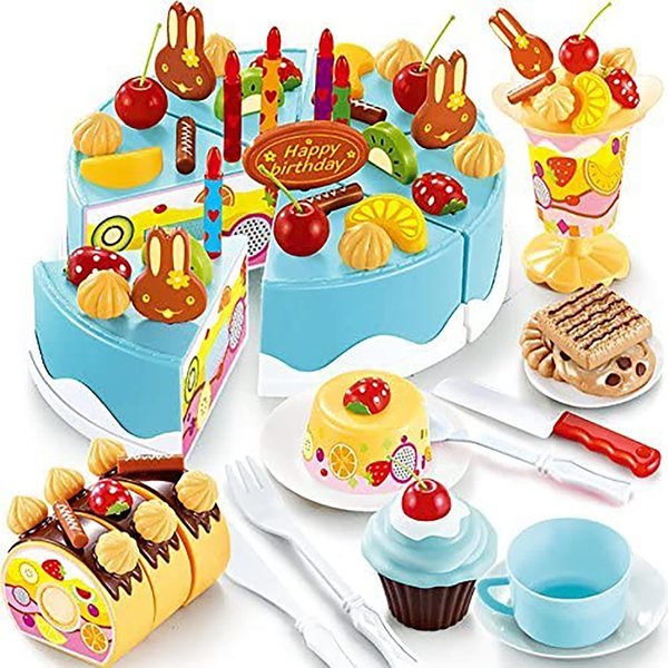 HenMerry 75PCS Birthday Cake Toy DIY Cutting Cake Play Set Kids Play Kitchen Food Pretend Play Cake Toy Best for Girls Birthday Party Gift (75PCS Blue)