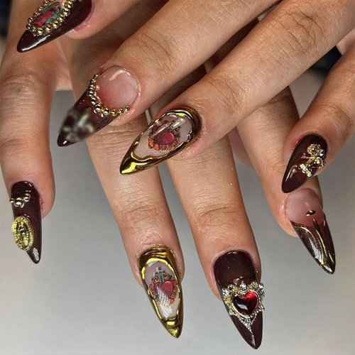 IMSOHOT Almond Press on Nails Medium Brown Fake Nails with Vintage Golden Charms Designs Glossy Glue on Nails Full Cover Gel Acrylic Stiletto False Nails for Women 24Pcs