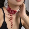 Jumwrit Vintage Layered Pearl Choker Necklace Chunky Chain Multi Strand Pearl Beaded Necklace Rhinestone Crystal Tassel 4 Tier Halloween Vampire Necklace Statement Accessories for Women (Red)