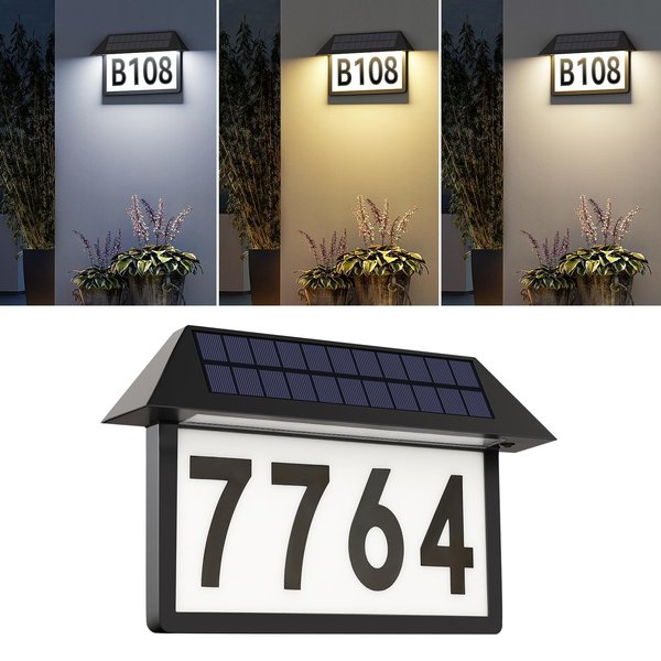 ASOMST Solar Address Sign, Lighted House Numbers Waterproof, 3-Color Lighting Modes LED Illuminated Address Plaque, Wall Mount Address Number for Home