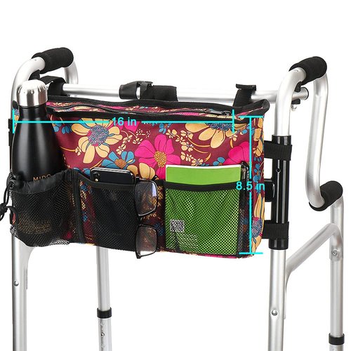 Walker Bag - Water Resistant Pouch Basket with 6 Pockets for Rollator and Folding Walker, Wheelchairs,Bariatric Walkers (Flower)