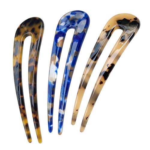 3Packs Vintage Hair Forks Tortoise U Shaped Hairpins French Style Shell U Sticks Cellulose Acetate Hair Pin Sticks 2 Prong Bun Hair Pins Clips for Women Girls Hairstyles（Tortoiseshell, White Tortoiseshell and Dark Blue）