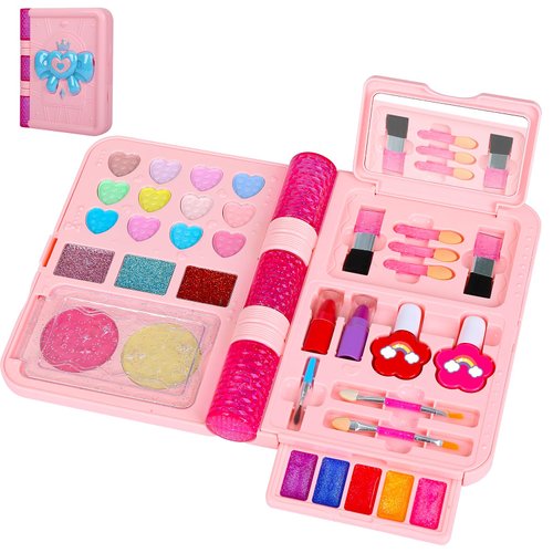 Plaiytotjoy 35 PCS Kids Makeup Kit Set for Girls, Princess Play Make up Toys Real Washable Cosmetic Set with Mirror, Non-Toxic Beauty Book Makeup Set Dress Up Set for Age 3+ Toddlers Girls as Gifts