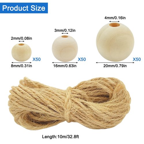 150 Pcs Unfinished Wooden Beads, 3 Sizes, with 10m Jute Twine, Natural Wood Loose Beads Bulk for Crafts Tassel Garland Jewelry Making Macrame Bracelets DIY Farmhouse Decor, 8mm/16mm/20mm, Wooden Beads
