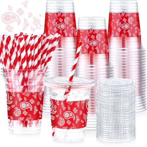 Honeydak 150 Pcs Western Cowboy Party Cups Set 50 Pcs 16 oz Red Bandana Clear Disposable Cups with 50 Lids and 50 Paper Straws Western Party Plastic Cups Decoration for Cowboy Birthday Party Supplies