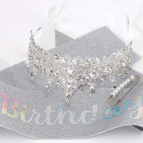 BAHABY Silver It's My Birthday Sash & Rhinestone Tiara Set Princess Birthday Sash and Tiara for Women Birthday Decorations Rhinestone Headband for Women Girls