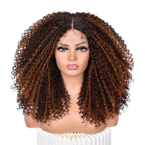 ANNISOUL Curly Lace front Wigs for Black Women Highlight Ombre Curly lace front Wig Synthetic Hair Pre Plucked 13x4x1HD Long Glueless Curly Afro Wig Black and Brown Synthetic Lace Frontal Wig