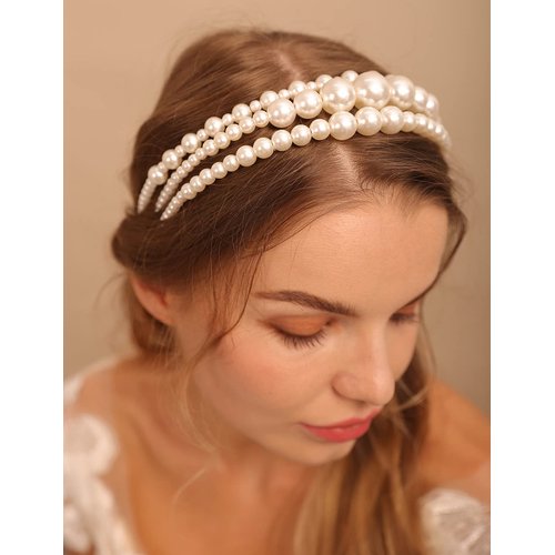 Jumwrit Bridal Pearl Headbands White Faux Pearl Headbands Bridal Hair Hoop Big Pearl Tiara Crown Wedding Hair Accessories for Women Girls(3pcs)