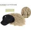 Qlenkay Newsboy Cap with Bob Hair Extensions Black Hat Wig 8 Panel Visor Beret Attached Synthetic 14'' Short Curly Wavy Hairpiece for Woman Ginger Blonde Mix Bleach Blonde