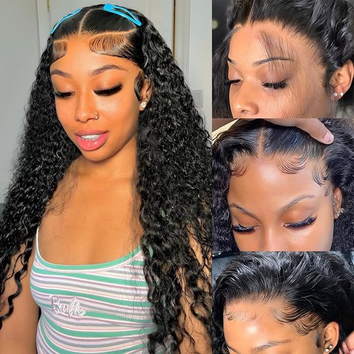 13x4 Wear and Go Glueless Wigs Human Hair Pre Plucked Pre Cut Curly, 22 Inch Deep Wave Lace Front Wigs Human Hair with Baby Hair, 180 Density HD Invisible Lace Frontal Wigs Human Hair for Women