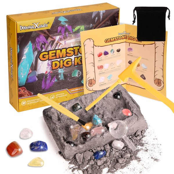 Gemstone Dig Kit, 16 Real Gem Stones and Crystals Excavation Kit, STEM Educational Toys Science Kit for Kids 5-7 8-12, Stocking Stuffers for Boys Girls