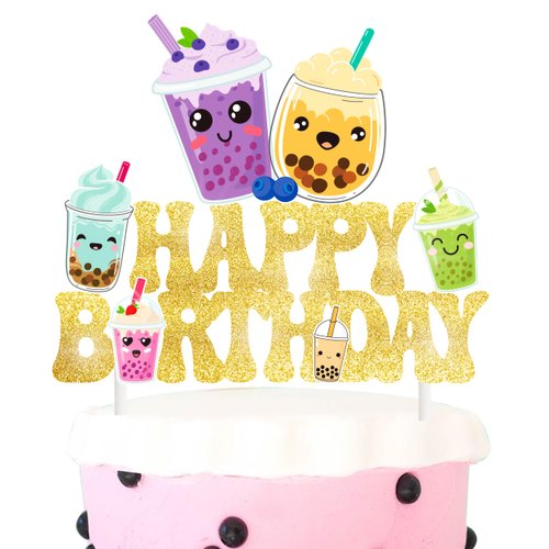 Bubble Birthday Party Cake Topper Bubble Milk Tea Gold Glitter Happy Birthday Cake Topper Funny Boba Tea Birthday Decoration for Bubble Theme Party Pearl Milk Tea Party Baby Shower Supplies