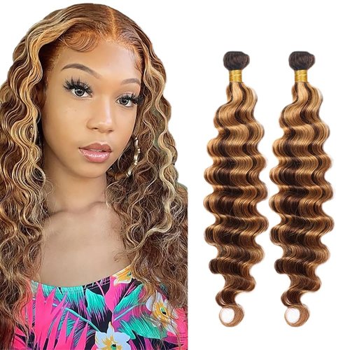 Honey Blonde Deep Wave Bundle Highlight Human Hair Bundle 8A Brazilian Virgin Brown Deep Wave 2 Bundles 12 12 Inch Double Weft Color P4/27 Deep Wave Bundle Human Hair Extensions